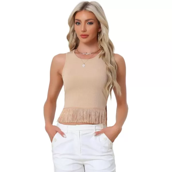 Allegra K Fringe Tank Top for Women's Casual Sleeveless Tassel Racerback Ribbed Knit Crop Tops