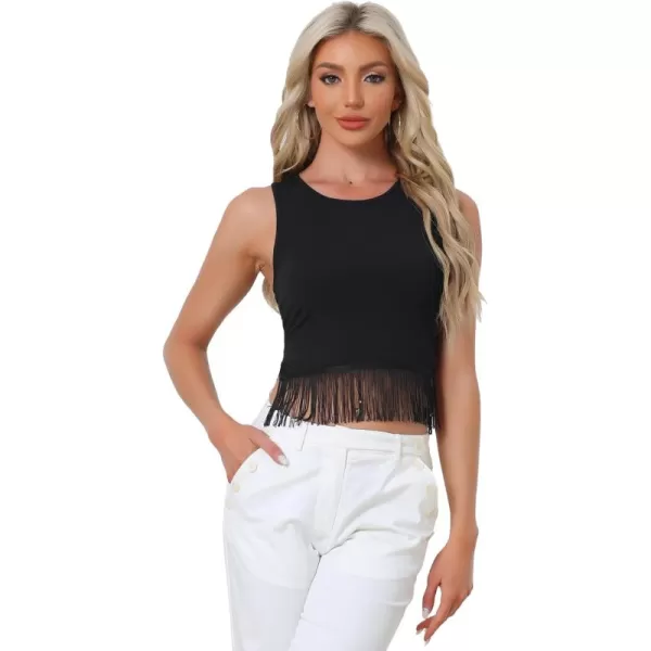 Allegra K Fringe Tank Top for Women's Casual Sleeveless Tassel Racerback Ribbed Knit Crop Tops