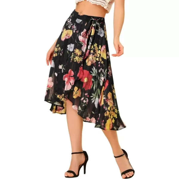 Allegra K Hawaiian Tropical Skirt for Women's Ruffle Pleated Hem Tie Wrap Glitter Floral Skirts