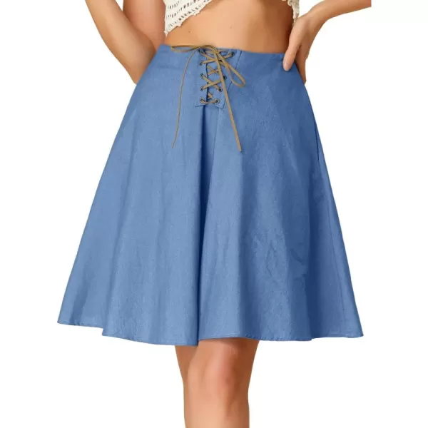 Allegra K Jean Skirt for Women's Knee Length Lace-Up Flared Denim Skirt