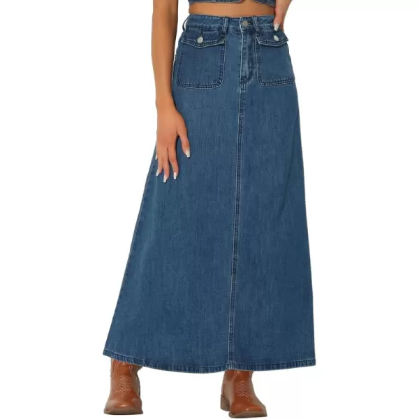 Allegra K Long Jean Skirts for Women's High Waisted Flap Pocket A-Line Vintage Denim Maxi Skirt