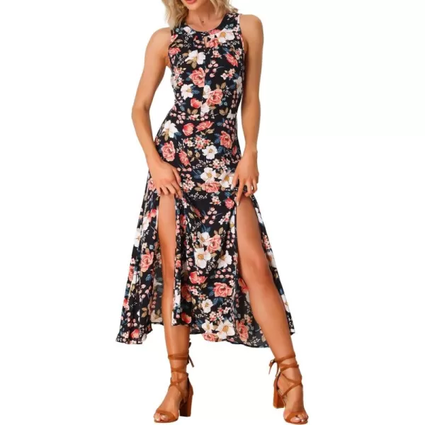 Allegra K Sleeveless Floral Dress for Women's Split Hem Keyhole Flowy Summer Boho Maxi Dress