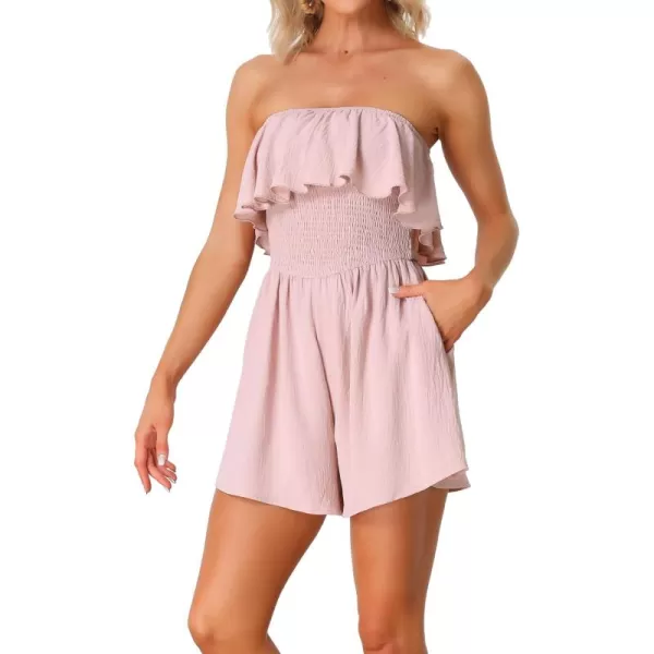 Allegra K Strapless Sleeveless Rompers for Women's Ruffle Off Shoulder Smocked Elastic Waist Summer Short Jumpsuit