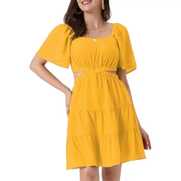 Allegra K Summer Tiered Short Dress for Women's Square Neck Puff Sleeve Cutout Waist Smocked Dresses