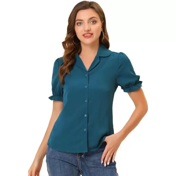 Allegra K Summer Work Lapel Collar Blouse for Women's Short Sleeves Button Down Shirt