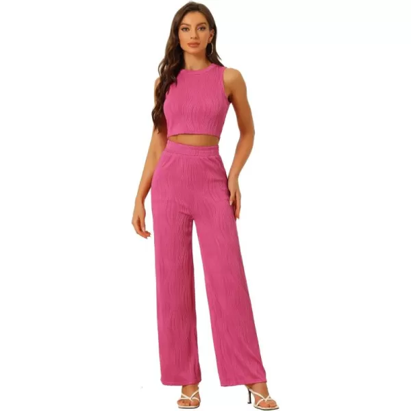 Allegra K Women's 2 Pieces Outfits Ribbed Knit Sleeveless Crop Top Wide Leg Pants Crew Neck Set