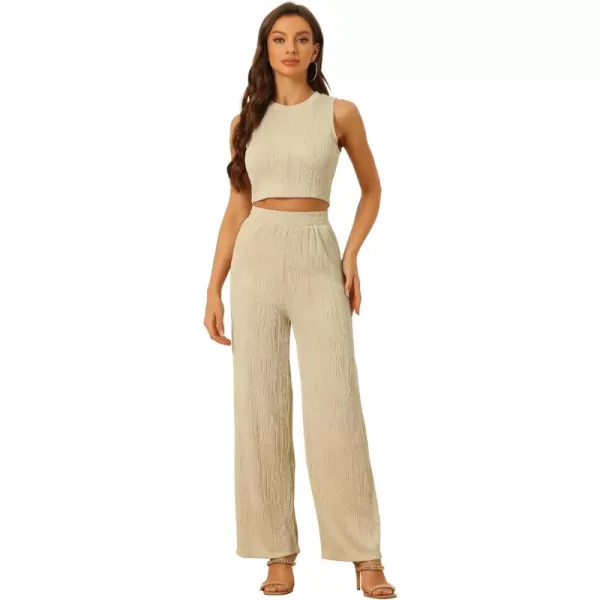 Allegra K Women's 2 Pieces Outfits Ribbed Knit Sleeveless Crop Top Wide Leg Pants Crew Neck Set