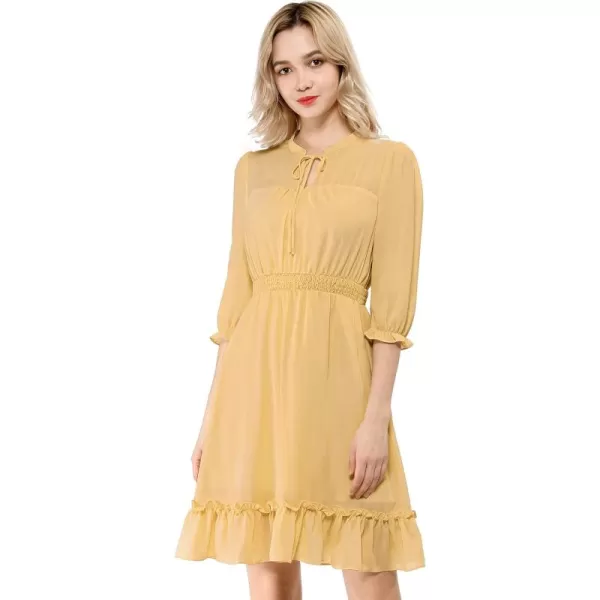 Allegra K Women's Autumn Wedding Guest Dresses Ruffle Hem 3/4 Sleeve A-Line Smocked Short Chiffon Dress