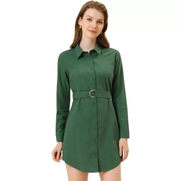 Allegra K Women's Belted Roll Up Sleeve Button Up Collared Shirt Dress