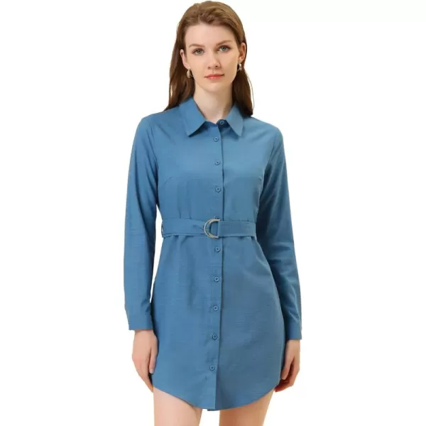 Allegra K Women's Belted Roll Up Sleeve Button Up Collared Shirt Dress