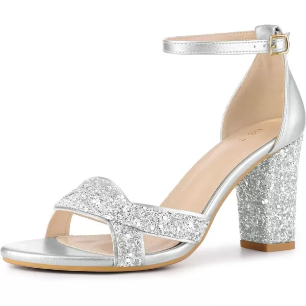 Allegra K Women's Bling Glitter Ankle Strap High Chunky Heel Sandals