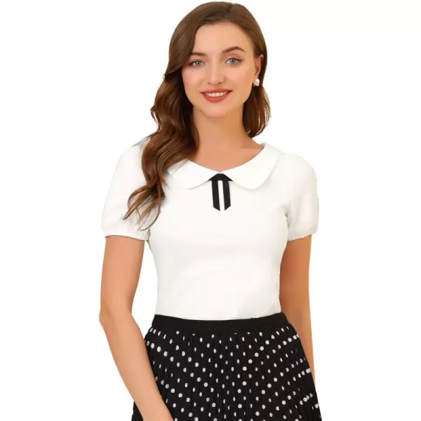 Allegra K Women's Bow Neck Solid Short Sleeve Peter Pan Collar Blouse