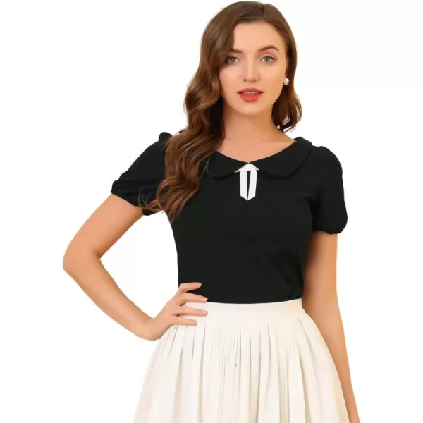 Allegra K Women's Bow Neck Solid Short Sleeve Peter Pan Collar Blouse