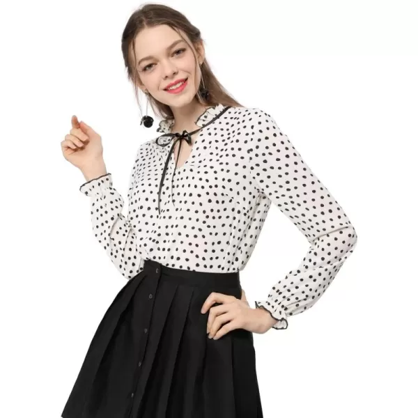 Allegra K Women's Bow Tie Neck Blouse Ruffled Collar Printed Long Sleeve Vintage Top