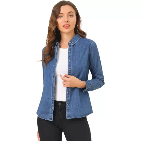 Allegra K Women's Button Up Denim Shirts Long Sleeve Casual Collared Jean Blouse