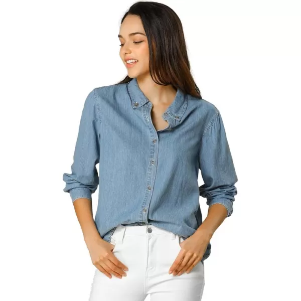 Allegra K Women's Button Up Denim Shirts Long Sleeve Casual Collared Jean Blouse