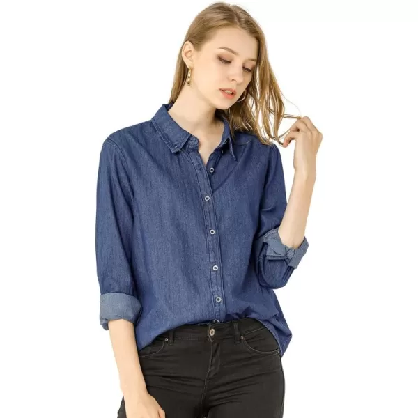 Allegra K Women's Button Up Denim Shirts Long Sleeve Casual Collared Jean Blouse