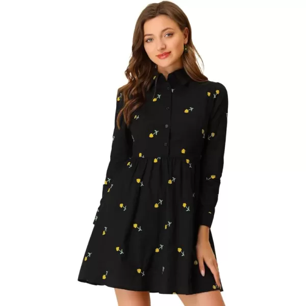 Allegra K Women's Casual Shirt Dress Long Sleeve Half Placket Embroidered Floral Mini Dresses