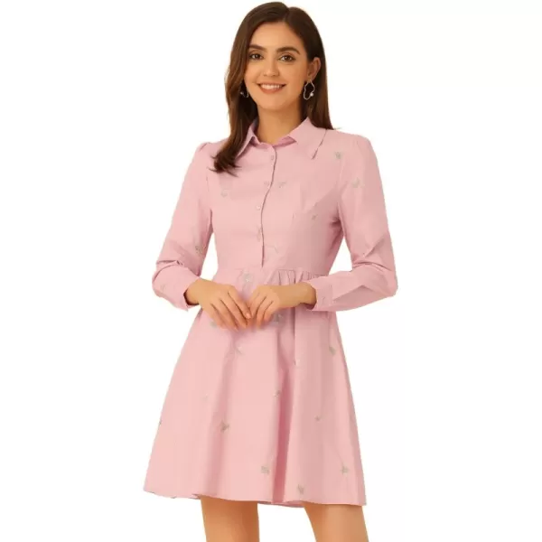 Allegra K Women's Casual Shirt Dress Long Sleeve Half Placket Embroidered Floral Mini Dresses