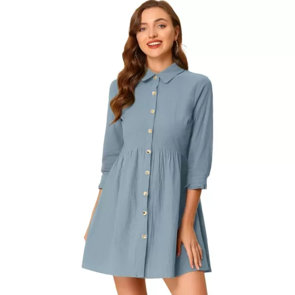 Allegra K Women's Casual Shirt Dress Ruched 3/4 Sleeve Button Up Mini Dresses