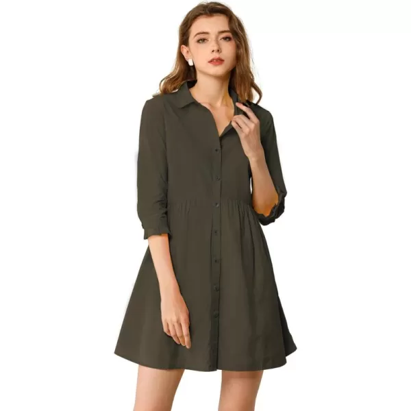 Allegra K Women's Casual Shirt Dress Ruched 3/4 Sleeve Button Up Mini Dresses