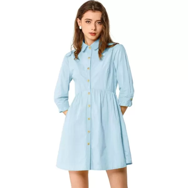 Allegra K Women's Casual Shirt Dress Ruched 3/4 Sleeve Button Up Mini Dresses