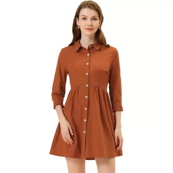 Allegra K Women's Casual Shirt Dress Ruched 3/4 Sleeve Button Up Mini Dresses