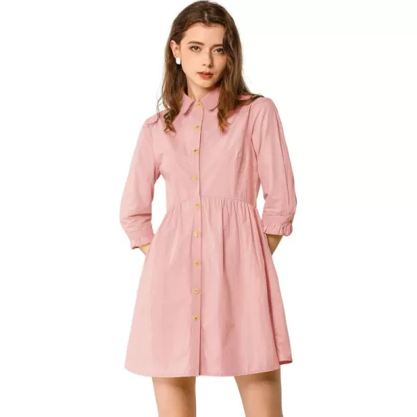 Allegra K Women's Casual Shirt Dress Ruched 3/4 Sleeve Button Up Mini Dresses