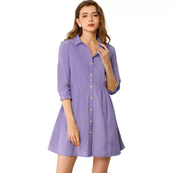 Allegra K Women's Casual Shirt Dress Ruched 3/4 Sleeve Button Up Mini Dresses