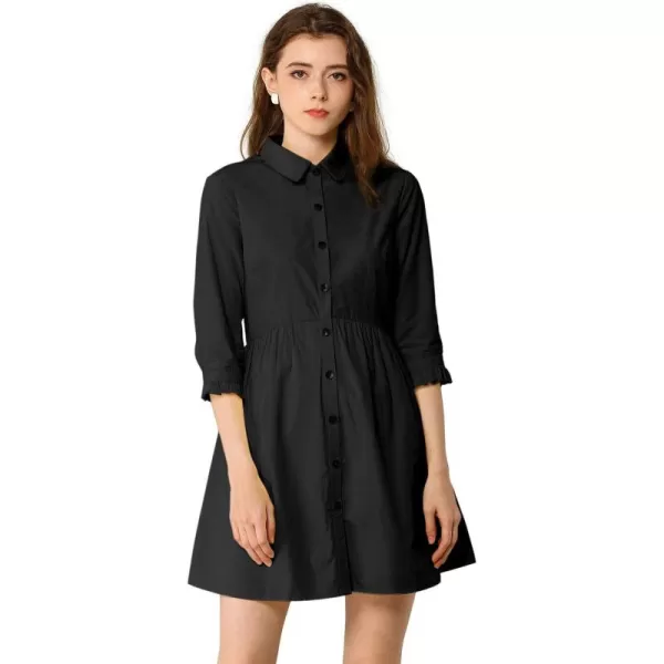 Allegra K Women's Casual Shirt Dress Ruched 3/4 Sleeve Button Up Mini Dresses