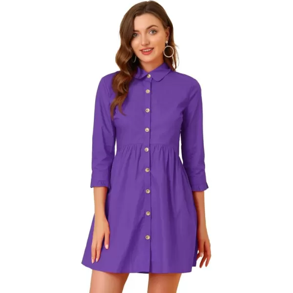 Allegra K Women's Casual Shirt Dress Ruched 3/4 Sleeve Button Up Mini Dresses