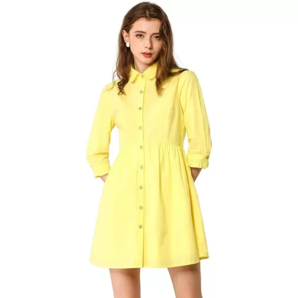 Allegra K Women's Casual Shirt Dress Ruched 3/4 Sleeve Button Up Mini Dresses