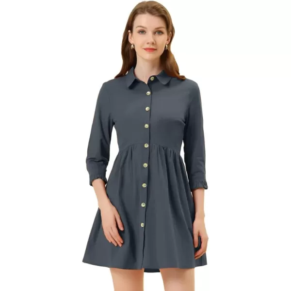 Allegra K Women's Casual Shirt Dress Ruched 3/4 Sleeve Button Up Mini Dresses