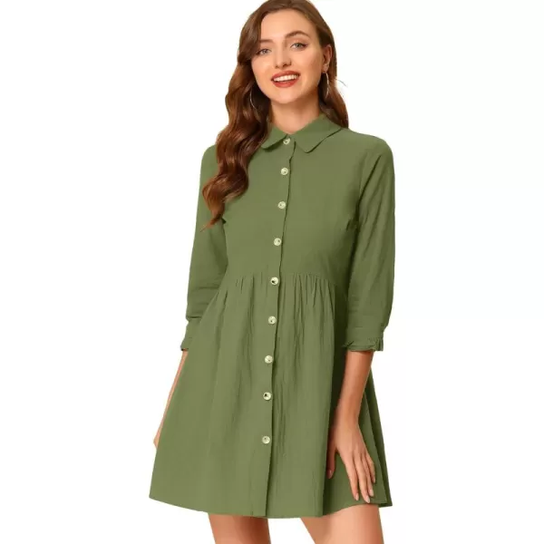 Allegra K Women's Casual Shirt Dress Ruched 3/4 Sleeve Button Up Mini Dresses