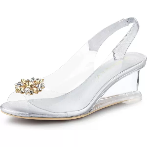 Allegra K Women's Clear Slingback Wedges Rhinestone Transparent Peep Toe Heels