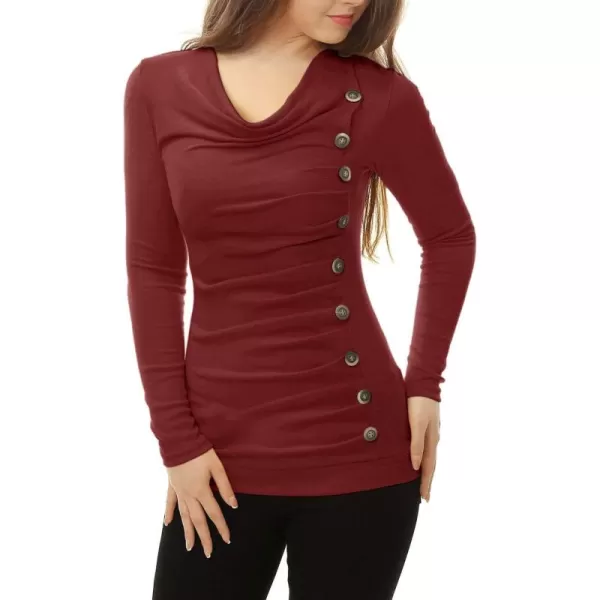 Allegra K Women's Cowl Neck Long Sleeves Buttons Decor Ruched Top