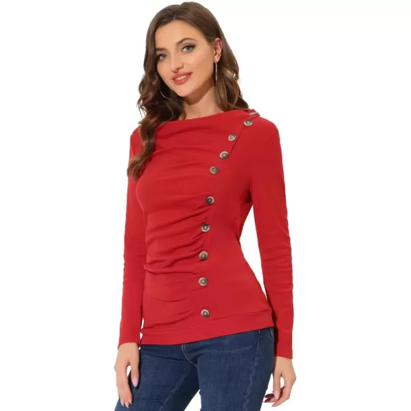 Allegra K Women's Cowl Neck Long Sleeves Buttons Decor Ruched Top