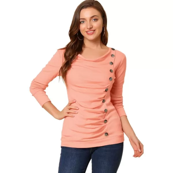 Allegra K Women's Cowl Neck Long Sleeves Buttons Decor Ruched Top