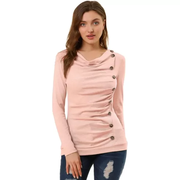 Allegra K Women's Cowl Neck Long Sleeves Buttons Decor Ruched Top