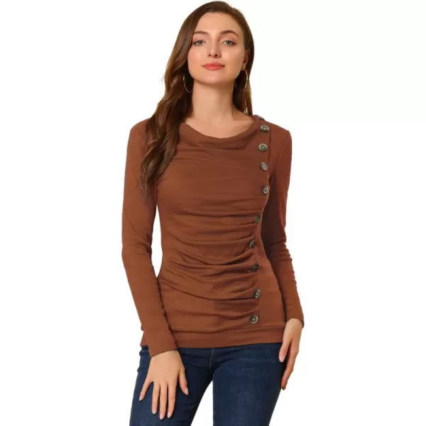 Allegra K Women's Cowl Neck Long Sleeves Buttons Decor Ruched Top