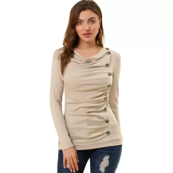 Allegra K Women's Cowl Neck Long Sleeves Buttons Decor Ruched Top