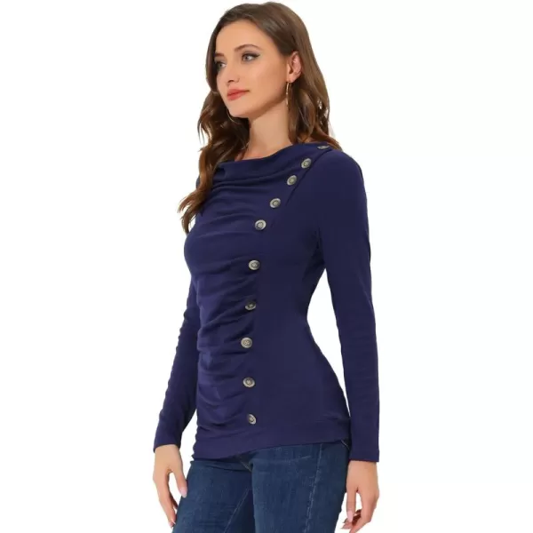 Allegra K Women's Cowl Neck Long Sleeves Buttons Decor Ruched Top