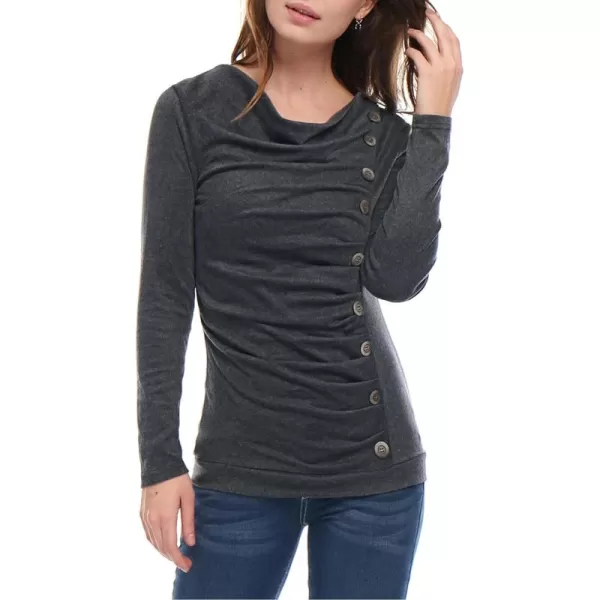 Allegra K Women's Cowl Neck Long Sleeves Buttons Decor Ruched Top