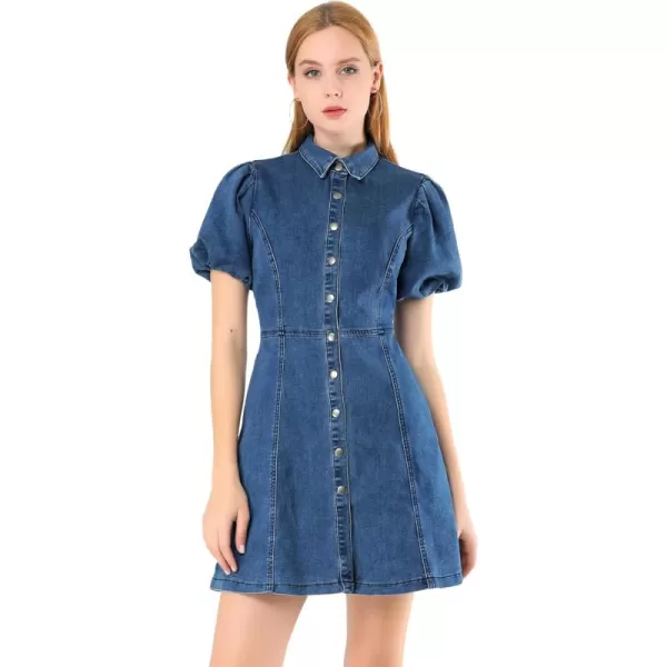 Allegra K Women's Denim Dress Button Down Pockets Puff Sleeve Collared Jean Dresses