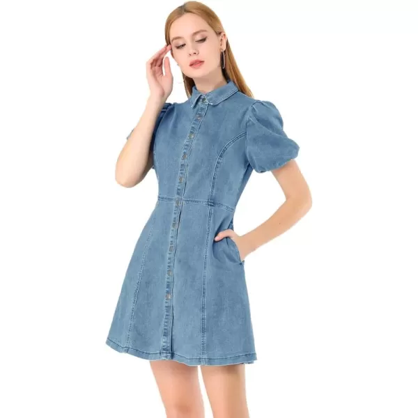 Allegra K Women's Denim Dress Button Down Pockets Puff Sleeve Collared Jean Dresses