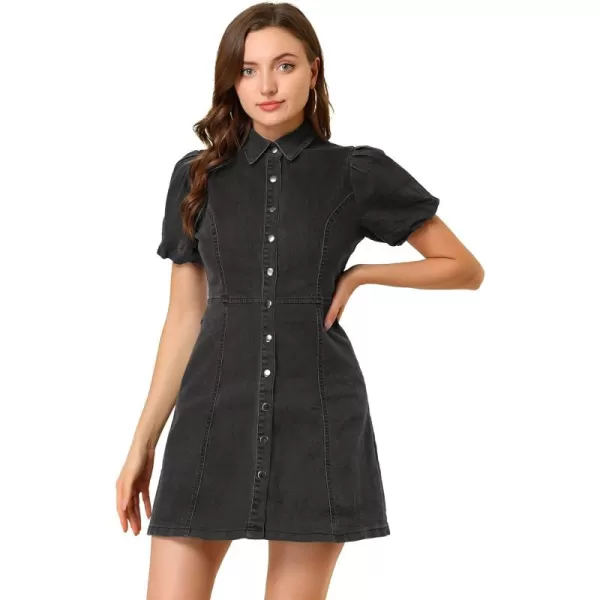 Allegra K Women's Denim Dress Button Down Pockets Puff Sleeve Collared Jean Dresses