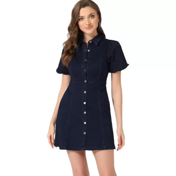 Allegra K Women's Denim Dress Button Down Pockets Puff Sleeve Collared Jean Dresses