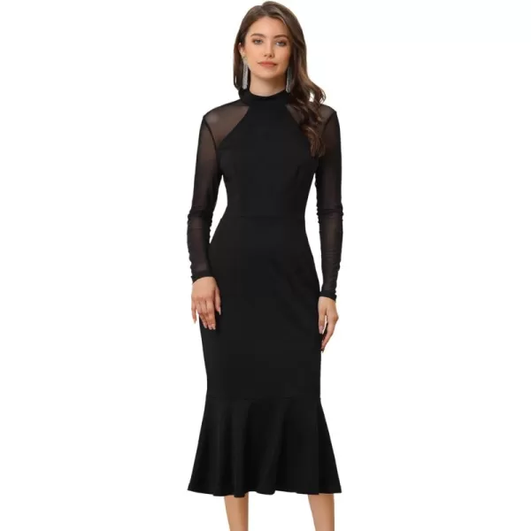 Allegra K Women's Elegant Midi Bodycon Dress Long Sleeve Sheer Mesh Mock Neck Mermaid Formal Cocktail Wedding Guest Dresses