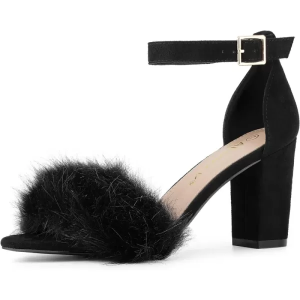 Allegra K Women's Faux Fur Ankle Strap Block Heels Sandals