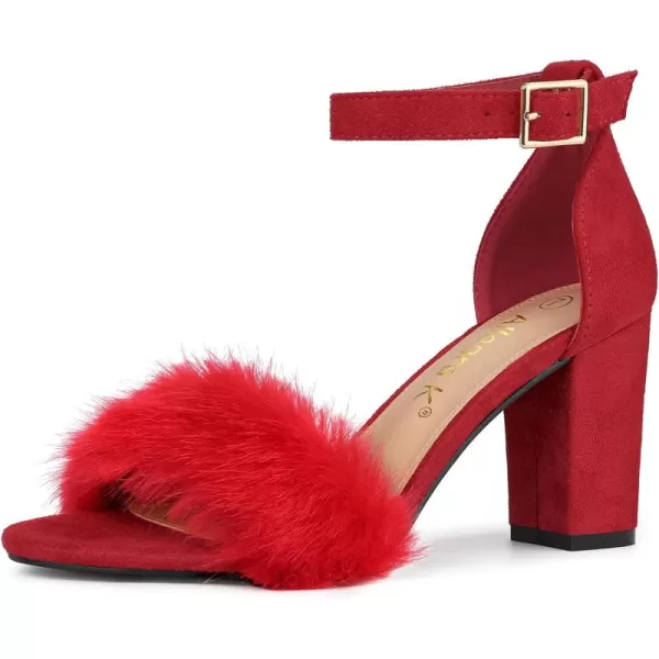 Allegra K Women's Faux Fur Ankle Strap Block Heels Sandals